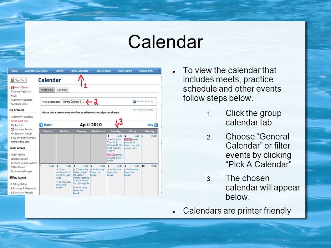 Calendar To view the calendar that includes meets, practice schedule and other events follow steps below.