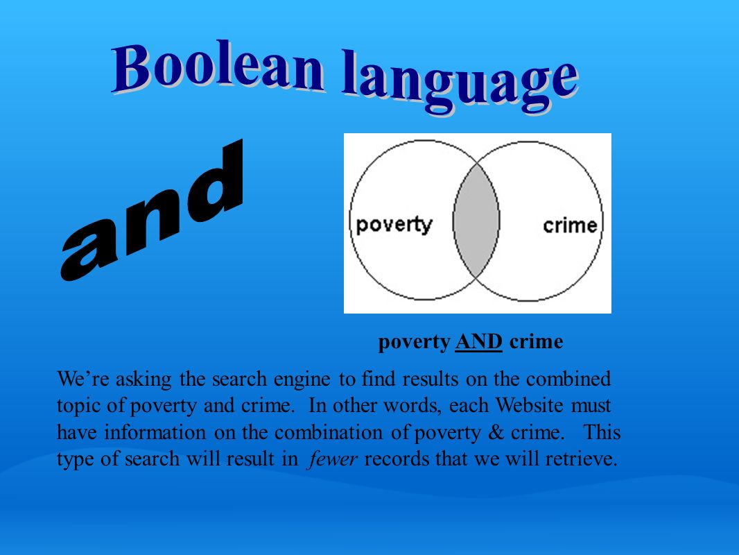 poverty AND crime We’re asking the search engine to find results on the combined topic of poverty and crime.