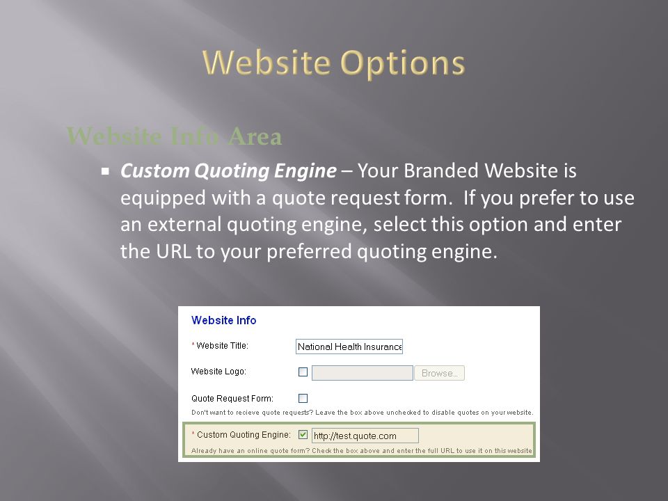Website Info Area  Custom Quoting Engine – Your Branded Website is equipped with a quote request form.