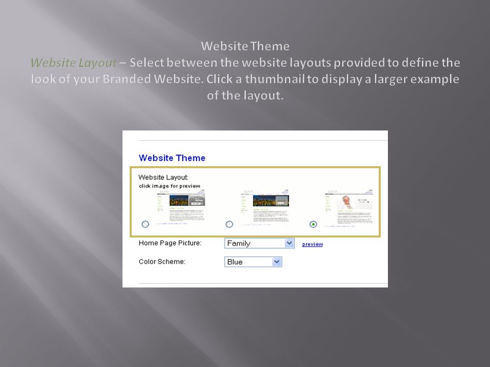 Website Theme Website Layout – Select between the website layouts provided to define the look of your Branded Website.