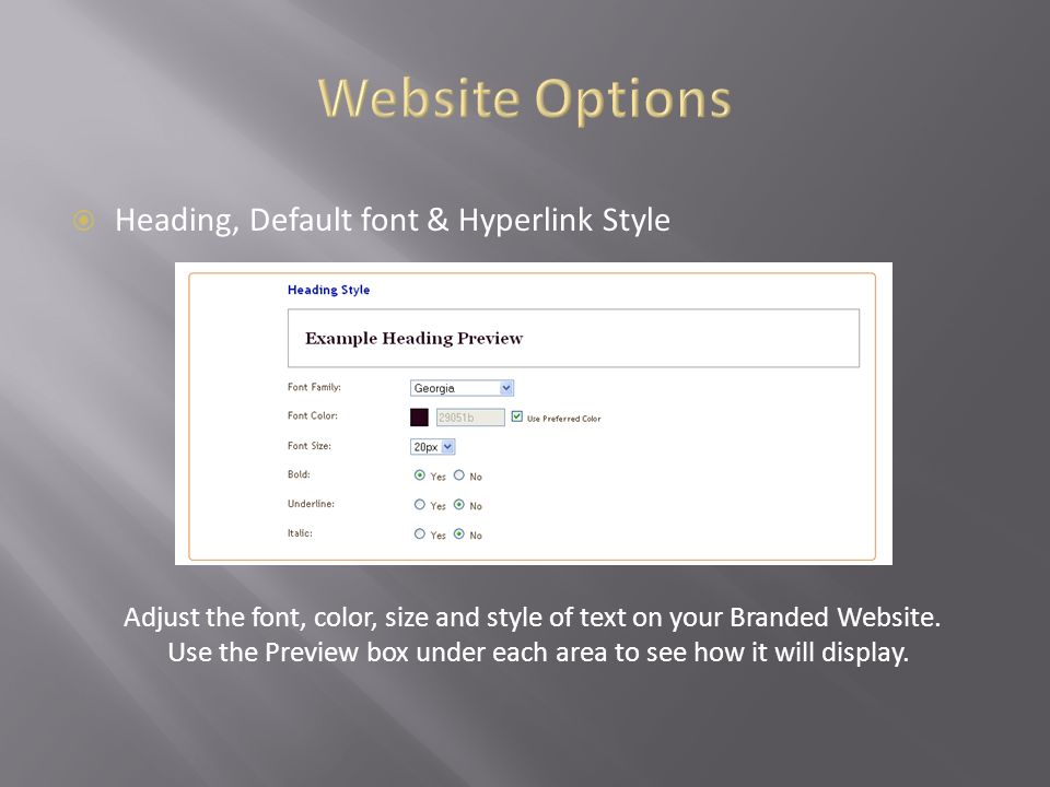  Heading, Default font & Hyperlink Style Adjust the font, color, size and style of text on your Branded Website.