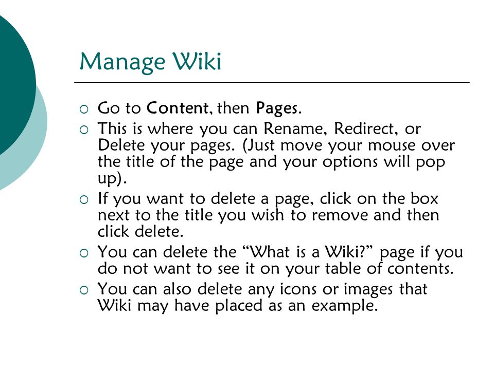 Manage Wiki  Go to Content, then Pages.