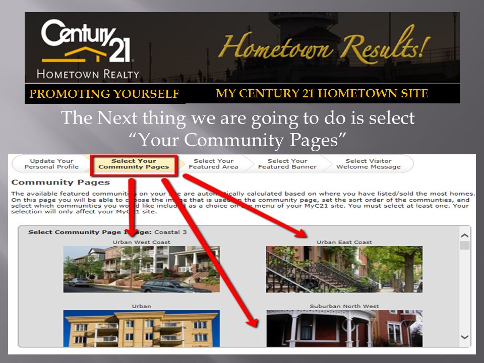 PROMOTING YOURSELF MY CENTURY 21 HOMETOWN SITE The Next thing we are going to do is select Your Community Pages