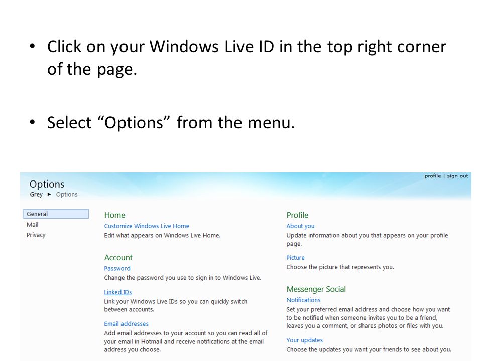 Click on your Windows Live ID in the top right corner of the page. Select Options from the menu.