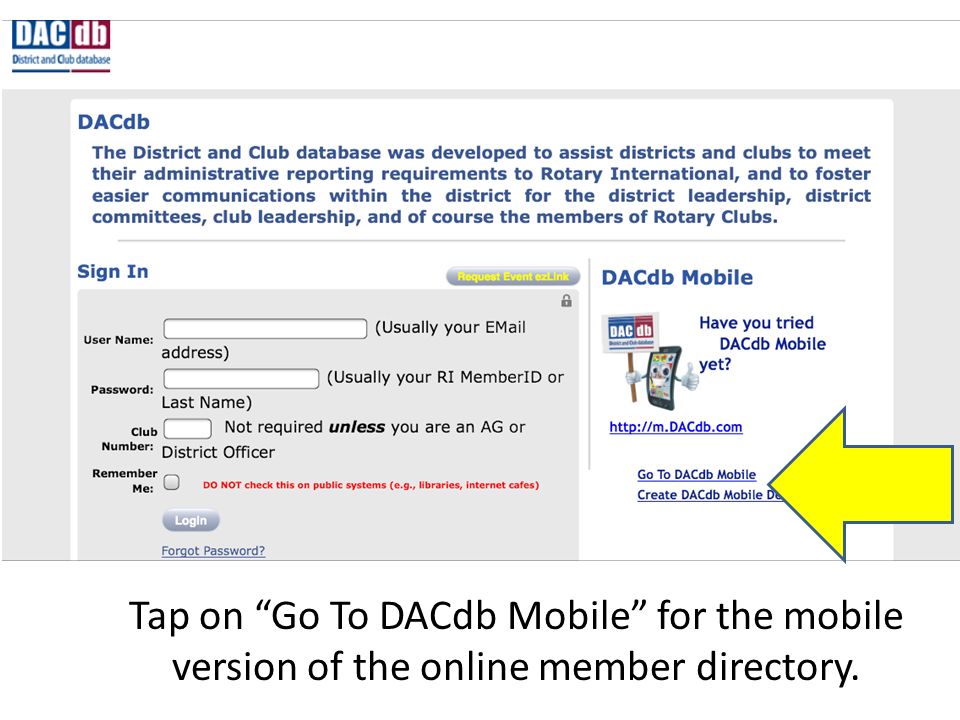 Tap on Go To DACdb Mobile for the mobile version of the online member directory.
