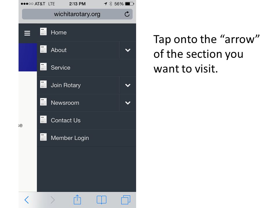 Tap onto the arrow of the section you want to visit.