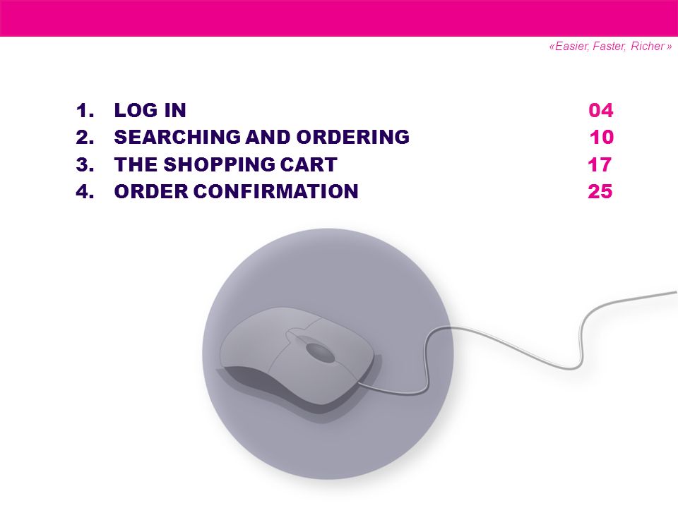 1.LOG IN 04 2.SEARCHING AND ORDERING 10 3.THE SHOPPING CART 17 4.ORDER CONFIRMATION 25 «Easier, Faster, Richer »