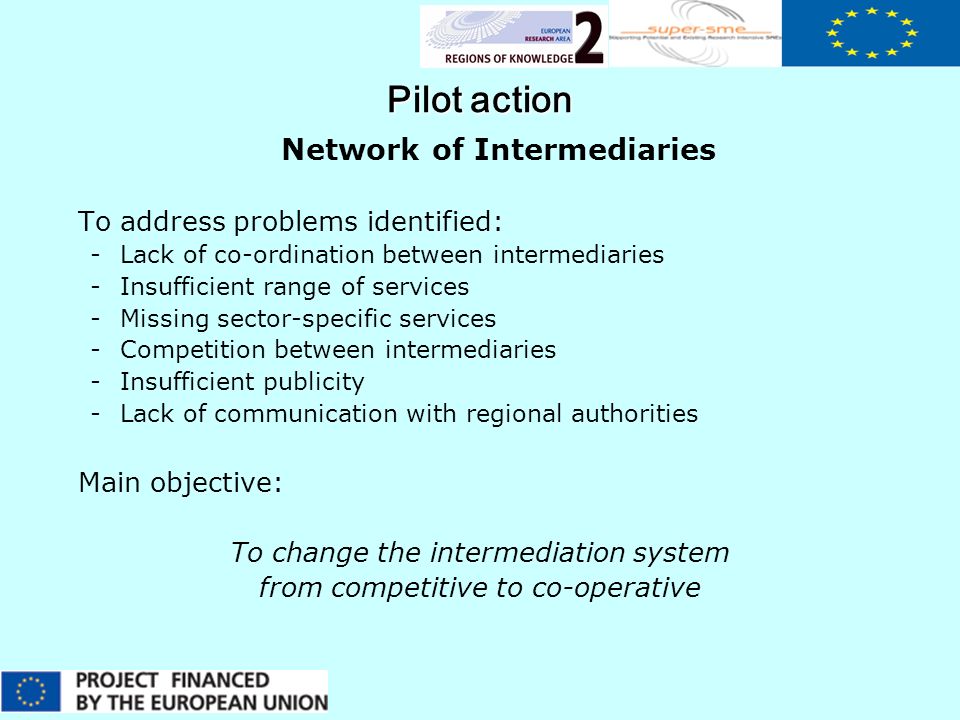 Pilot action Network of Intermediaries To address problems identified: -Lack of co-ordination between intermediaries -Insufficient range of services -Missing sector-specific services -Competition between intermediaries -Insufficient publicity -Lack of communication with regional authorities Main objective: To change the intermediation system from competitive to co-operative