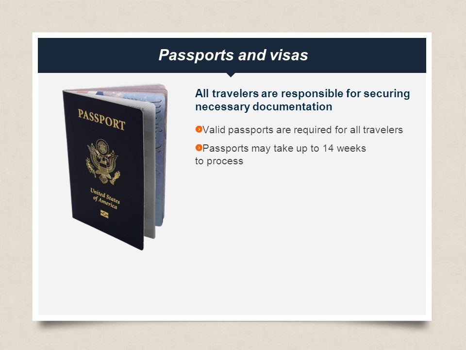 eftours.com All travelers are responsible for securing necessary documentation Valid passports are required for all travelers Passports may take up to 14 weeks to process Passports and visas