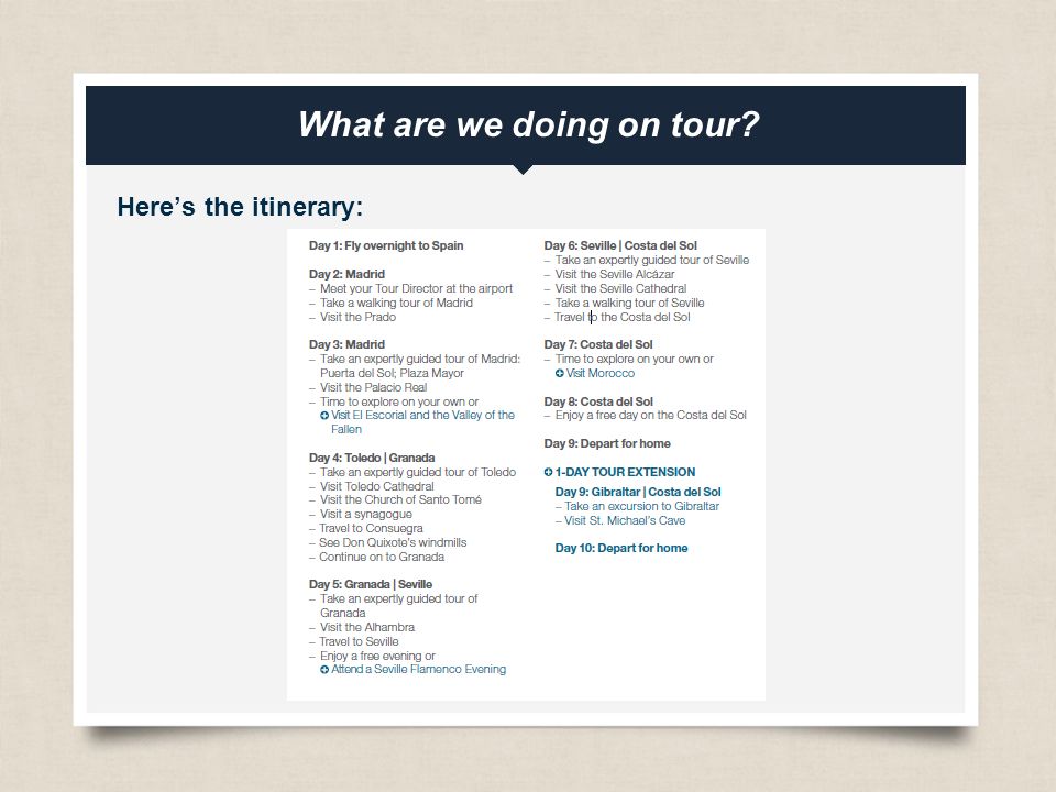 eftours.com What are we doing on tour Here’s the itinerary: