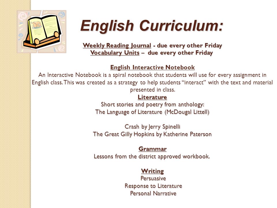 English Curriculum: Weekly Reading Journal - due every other Friday Vocabulary Units – due every other Friday Literature Short stories and poetry from anthology: The Language of Literature (McDougal Littell) Crash by Jerry Spinelli The Great Gilly Hopkins by Katherine Paterson Grammar Lessons from the district approved workbook.