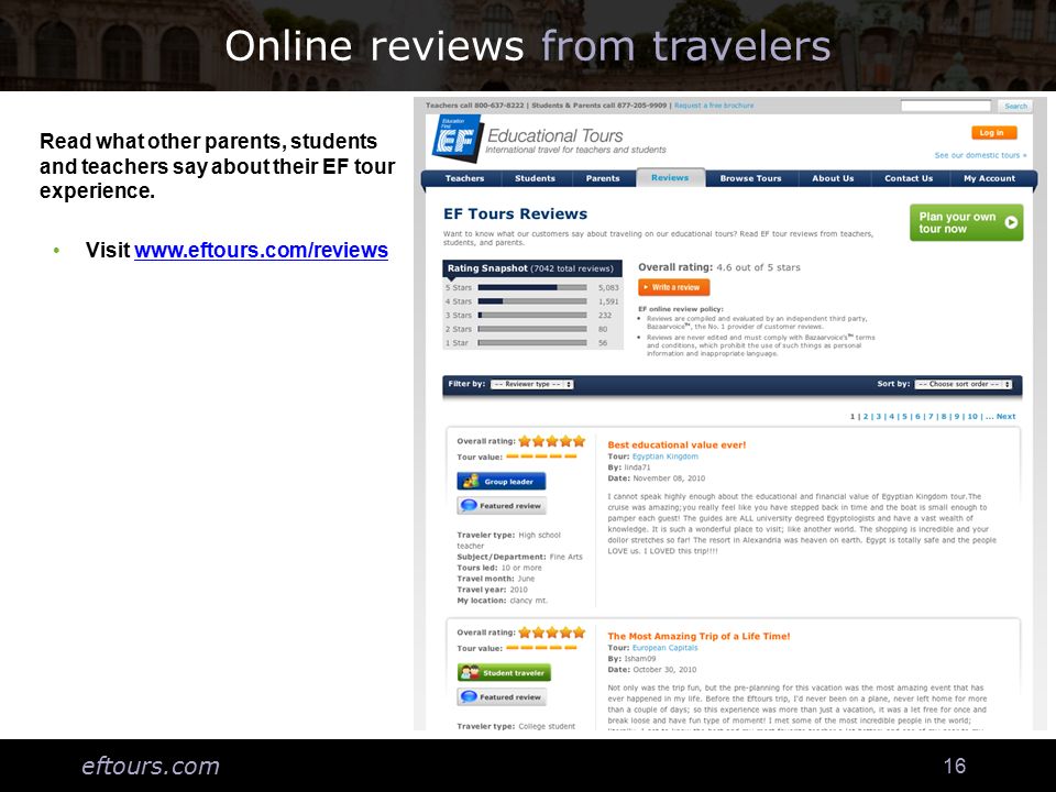 eftours.com 16 Online reviews from travelers Login to: Thkaa;flh Ha;lgh;hf;la Ahg;laskhf;lahf; Lakhflanfl;anfvla Alfbna;ljnbf;an;a Read what other parents, students and teachers say about their EF tour experience.