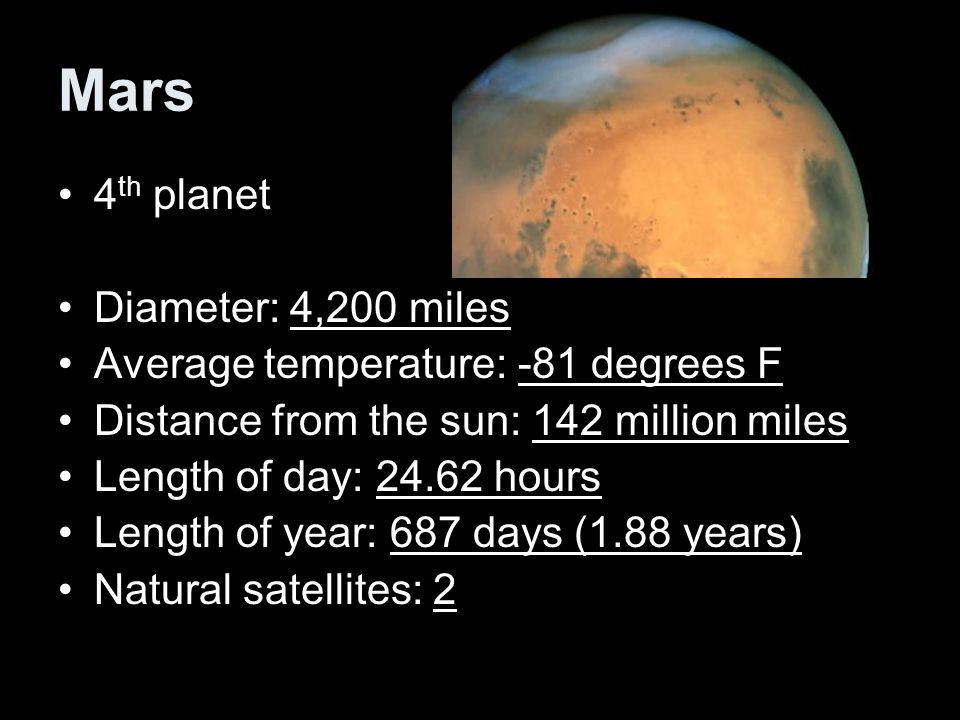 Mars 4 th planet Diameter: 4,200 miles Average temperature: -81 degrees F Distance from the sun: 142 million miles Length of day: hours Length of year: 687 days (1.88 years) Natural satellites: 2