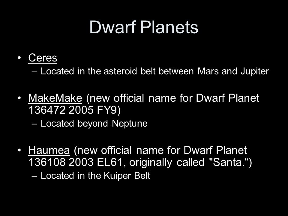 Dwarf Planets Ceres –Located in the asteroid belt between Mars and Jupiter MakeMake (new official name for Dwarf Planet FY9) –Located beyond Neptune Haumea (new official name for Dwarf Planet EL61, originally called Santa. ) –Located in the Kuiper Belt