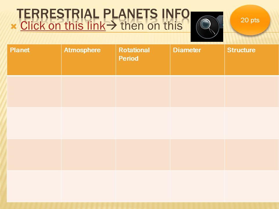  Click on this link  then on this Click on this link PlanetAtmosphereRotational Period DiameterStructure 20 pts