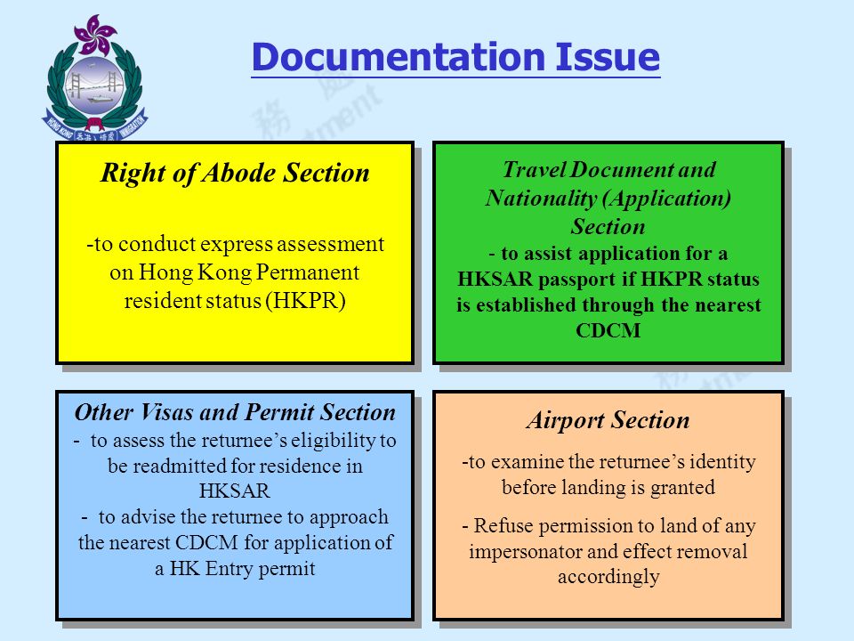 Right of Abode Section -to conduct express assessment on Hong Kong Permanent resident status (HKPR) Travel Document and Nationality (Application) Section - to assist application for a HKSAR passport if HKPR status is established through the nearest CDCM Other Visas and Permit Section - to assess the returnee’s eligibility to be readmitted for residence in HKSAR - to advise the returnee to approach the nearest CDCM for application of a HK Entry permit Airport Section -to examine the returnee’s identity before landing is granted - Refuse permission to land of any impersonator and effect removal accordingly Documentation Issue