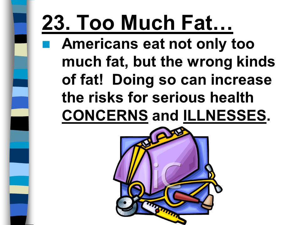 23. Too Much Fat… Americans eat not only too much fat, but the wrong kinds of fat.