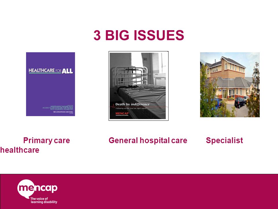 3 BIG ISSUES Primary care General hospital care Specialist healthcare