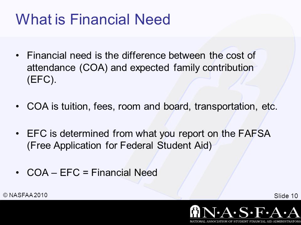 Slide 10 © NASFAA 2010 What is Financial Need Financial need is the difference between the cost of attendance (COA) and expected family contribution (EFC).