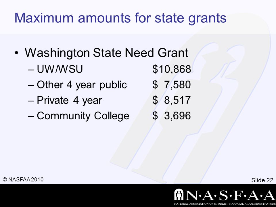 Slide 22 © NASFAA 2010 Maximum amounts for state grants Washington State Need Grant –UW/WSU$10,868 –Other 4 year public$ 7,580 –Private 4 year$ 8,517 –Community College$ 3,696