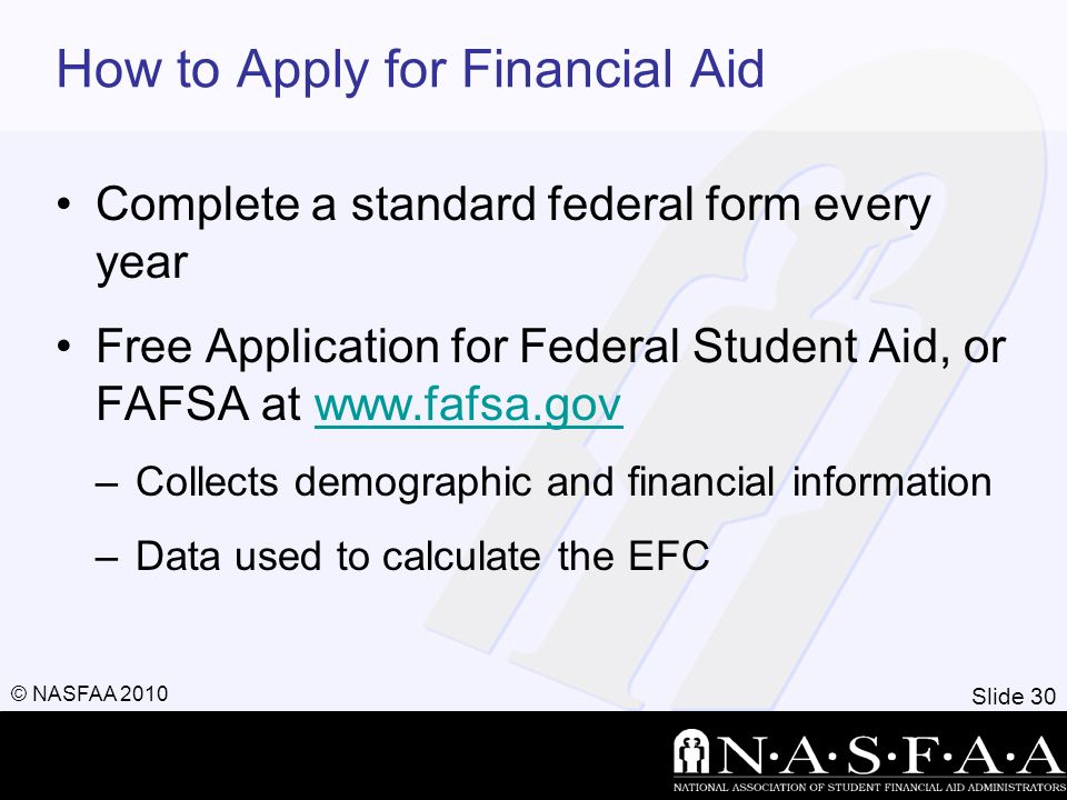 Slide 30 © NASFAA 2010 How to Apply for Financial Aid Complete a standard federal form every year Free Application for Federal Student Aid, or FAFSA at   –Collects demographic and financial information –Data used to calculate the EFC
