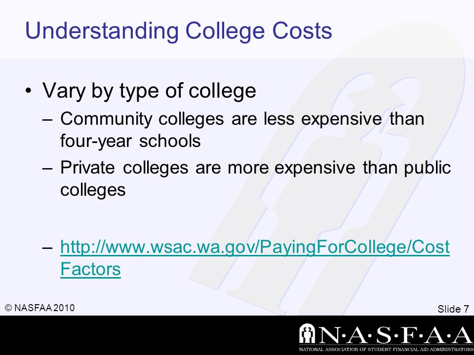 Slide 7 © NASFAA 2010 Understanding College Costs Vary by type of college –Community colleges are less expensive than four-year schools –Private colleges are more expensive than public colleges –  Factorshttp://  Factors