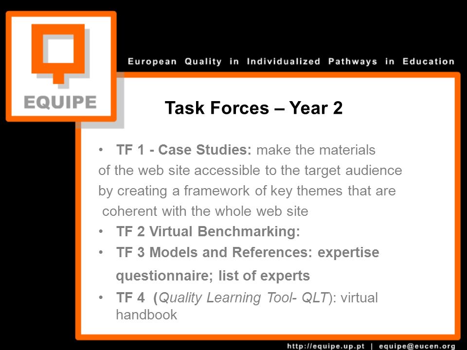 TF 1 - Case Studies: make the materials of the web site accessible to the target audience by creating a framework of key themes that are coherent with the whole web site TF 2 Virtual Benchmarking: TF 3 Models and References: expertise questionnaire; list of experts TF 4 (Quality Learning Tool- QLT): virtual handbook Task Forces – Year 2 Subgroups