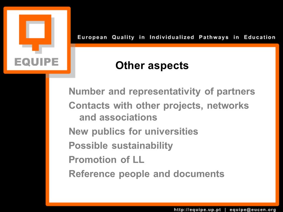 Number and representativity of partners Contacts with other projects, networks and associations New publics for universities Possible sustainability Promotion of LL Reference people and documents Other aspects