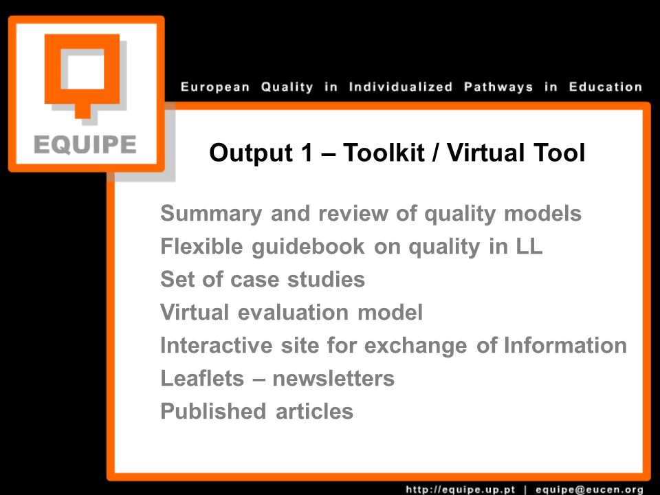 Summary and review of quality models Flexible guidebook on quality in LL Set of case studies Virtual evaluation model Interactive site for exchange of Information Leaflets – newsletters Published articles Output 1 – Toolkit / Virtual Tool Toolkit