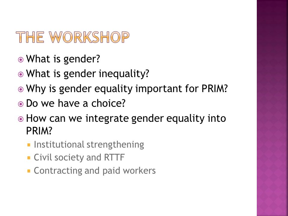  What is gender.  What is gender inequality.  Why is gender equality important for PRIM.