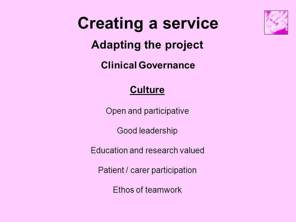 Creating a service Adapting the project Clinical Governance Culture Open and participative Good leadership Education and research valued Patient / carer participation Ethos of teamwork