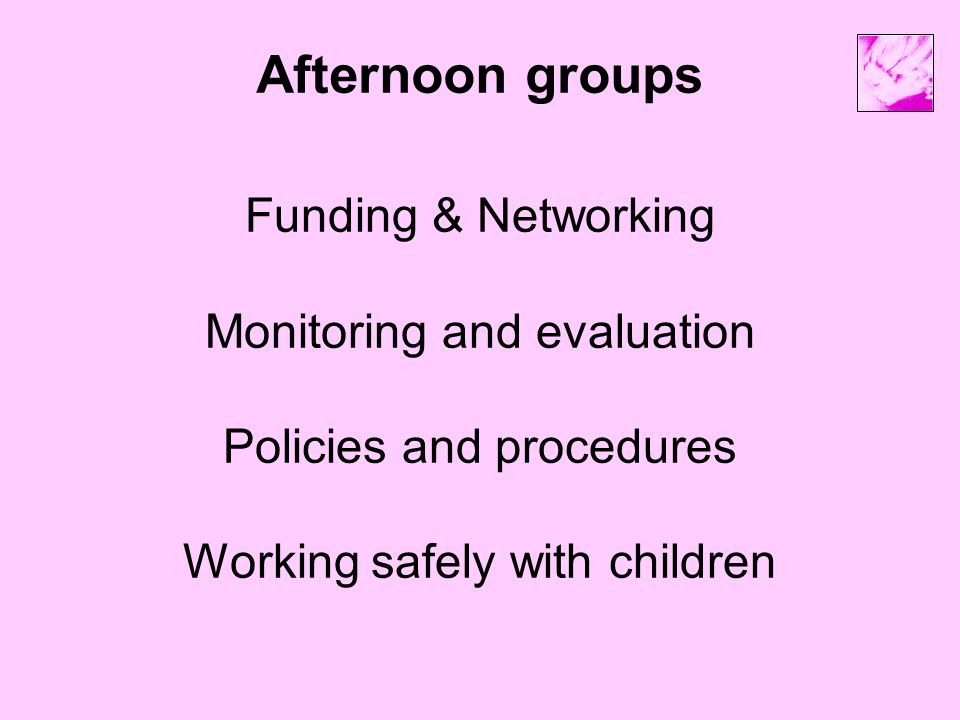 Afternoon groups Funding & Networking Monitoring and evaluation Policies and procedures Working safely with children
