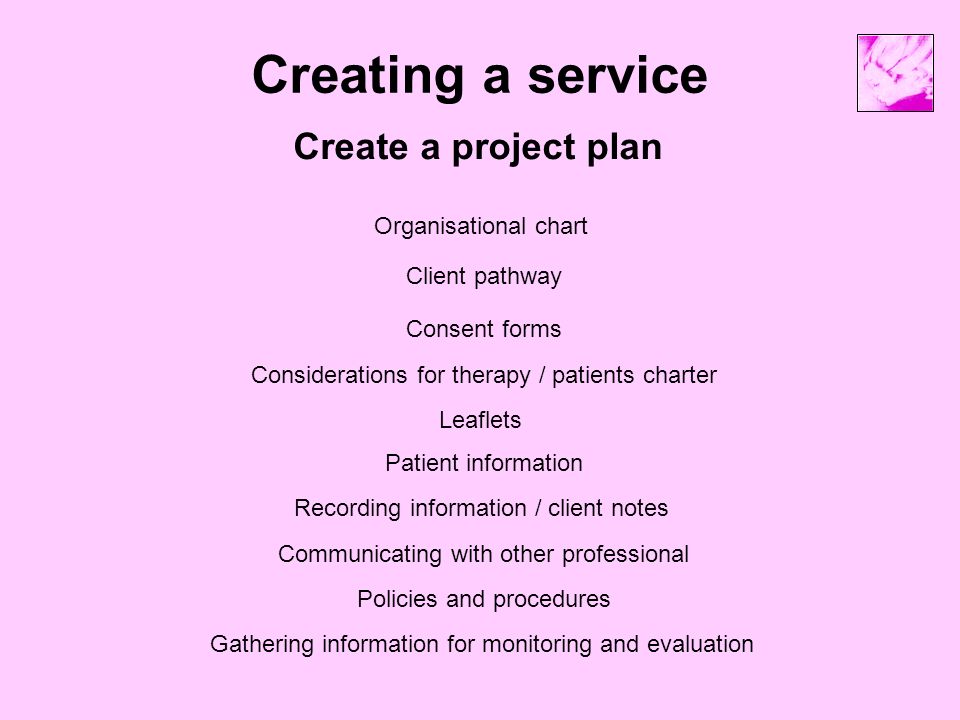 Creating a service Create a project plan Client pathway Policies and procedures Consent forms Considerations for therapy / patients charter Leaflets Patient information Recording information / client notes Communicating with other professional Gathering information for monitoring and evaluation Organisational chart