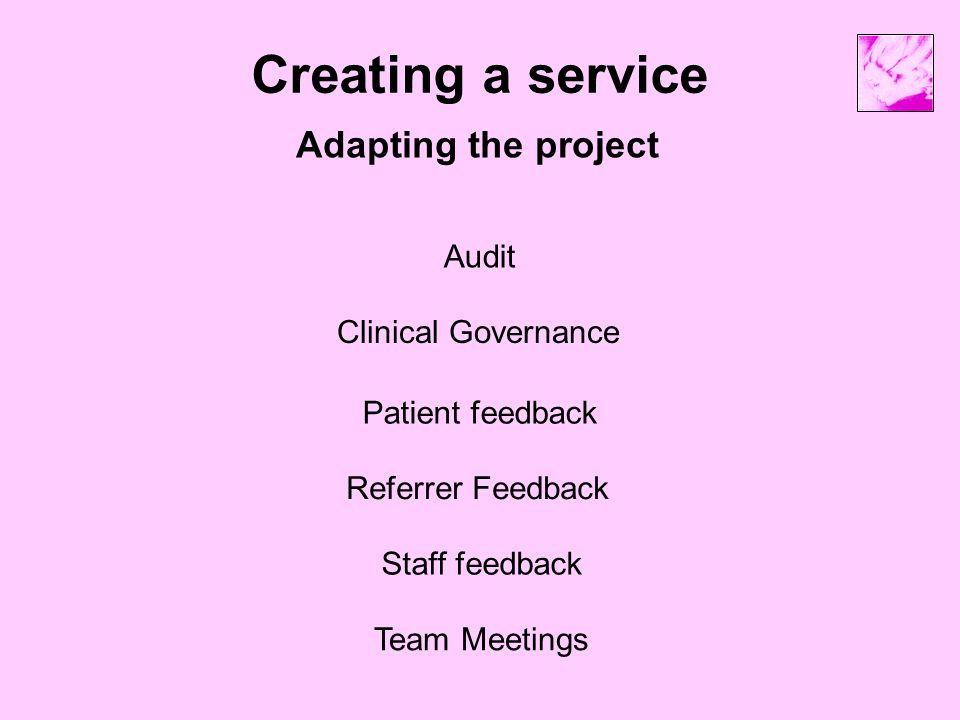 Creating a service Adapting the project Clinical Governance Audit Patient feedback Staff feedback Team Meetings Referrer Feedback