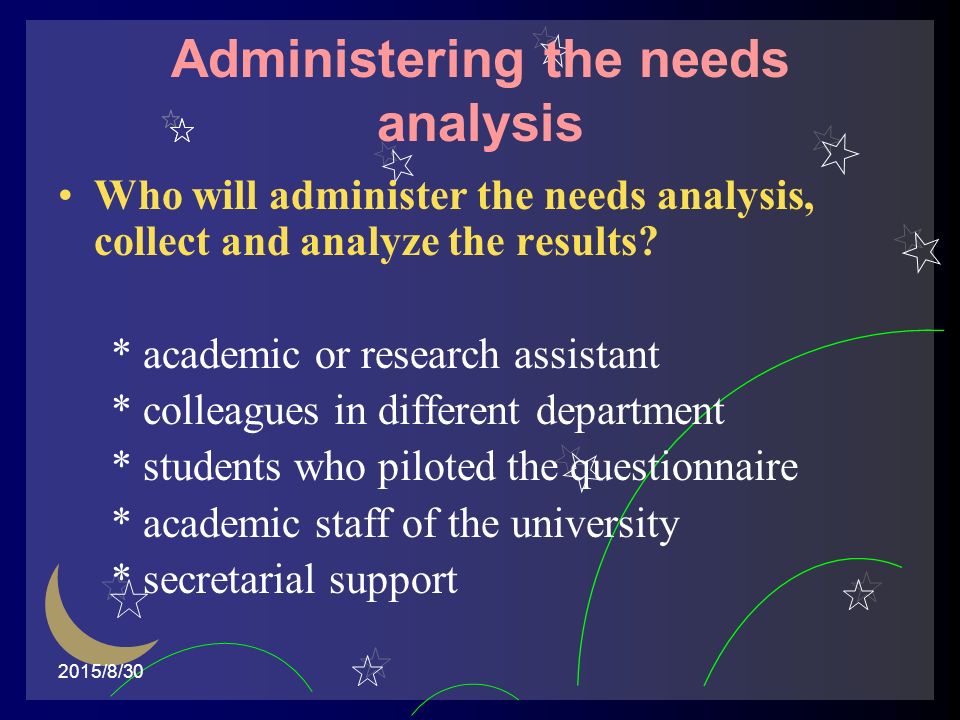 2015/8/30 Administering the needs analysis Who will administer the needs analysis, collect and analyze the results.