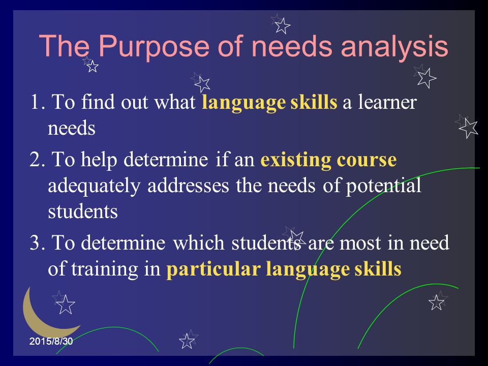 2015/8/30 The Purpose of needs analysis 1. To find out what language skills a learner needs 2.