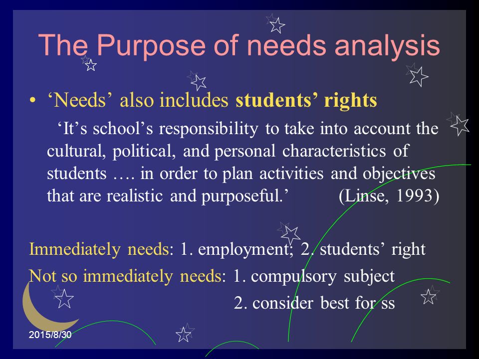 2015/8/30 The Purpose of needs analysis ‘Needs’ also includes students’ rights ‘It’s school’s responsibility to take into account the cultural, political, and personal characteristics of students ….