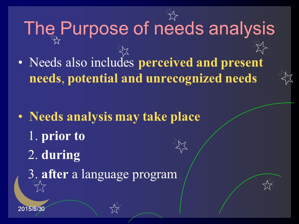 2015/8/30 The Purpose of needs analysis Needs also includes perceived and present needs, potential and unrecognized needs Needs analysis may take place 1.