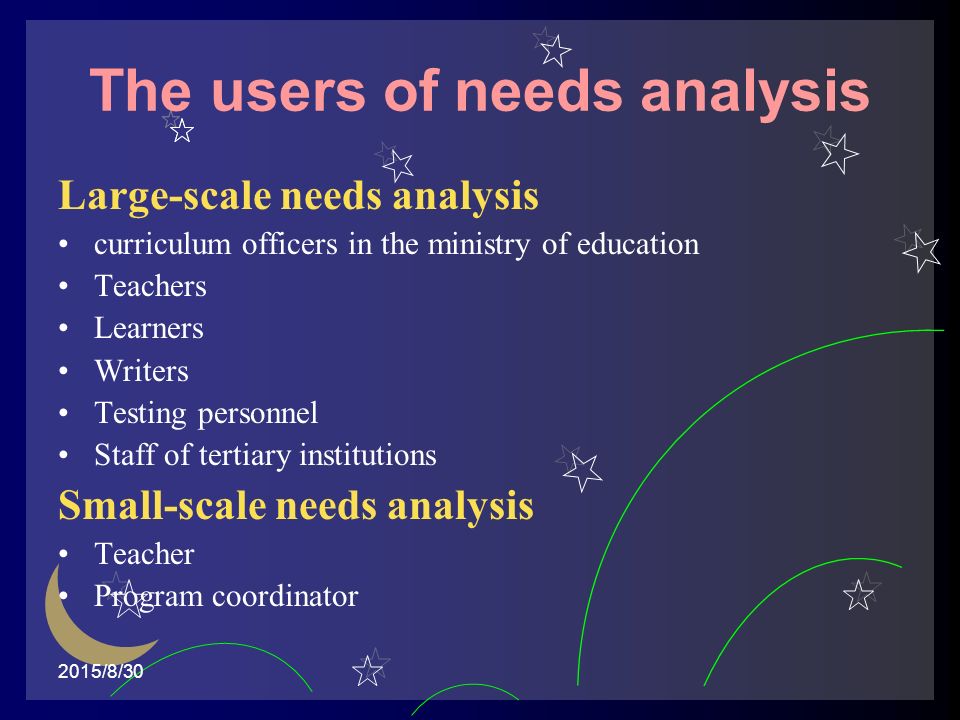 2015/8/30 The users of needs analysis Large-scale needs analysis curriculum officers in the ministry of education Teachers Learners Writers Testing personnel Staff of tertiary institutions Small-scale needs analysis Teacher Program coordinator