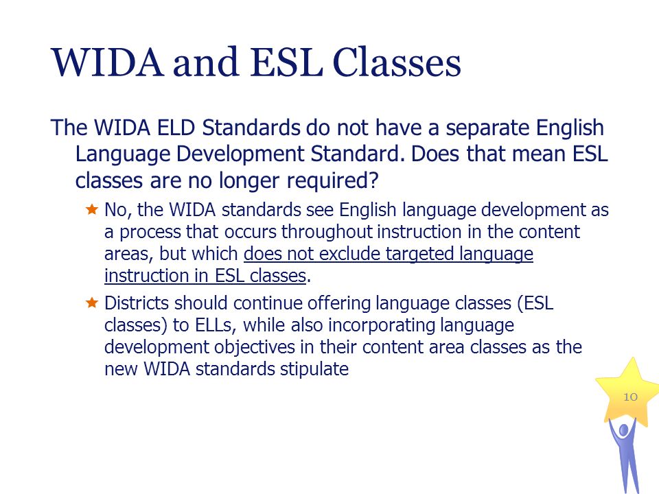 WIDA and ESL Classes The WIDA ELD Standards do not have a separate English Language Development Standard.