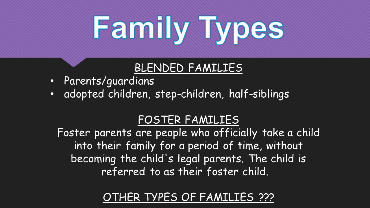 BLENDED FAMILIES Parents/guardians adopted children, step-children, half-siblings FOSTER FAMILIES Foster parents are people who officially take a child into their family for a period of time, without becoming the child s legal parents.