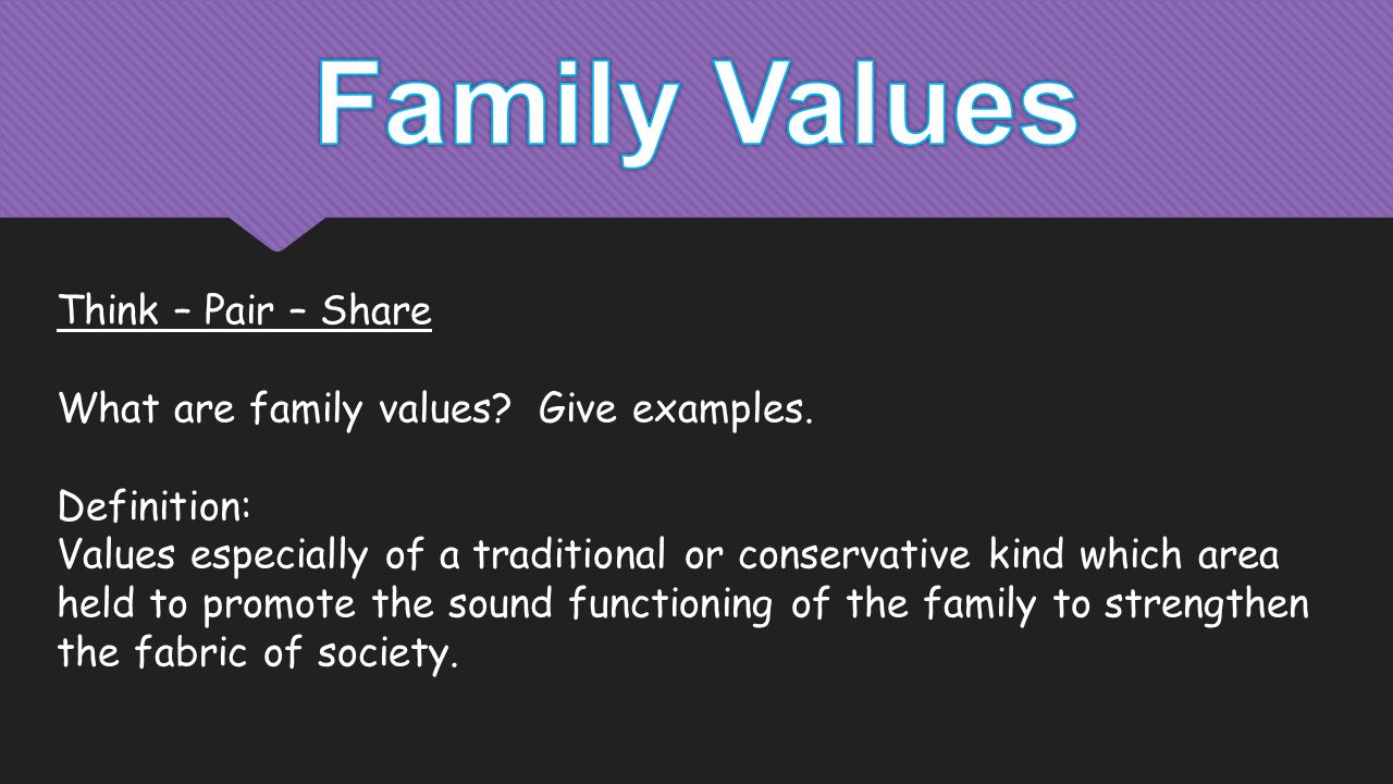 Think – Pair – Share What are family values. Give examples.