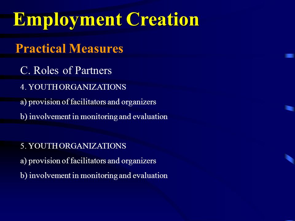 Practical Measures Employment Creation C. Roles of Partners 4.