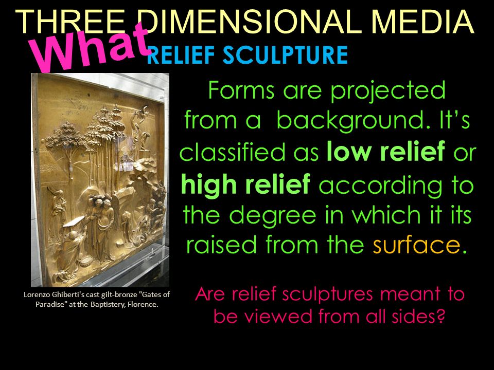 THREE DIMENSIONAL MEDIA Forms are projected from a background.