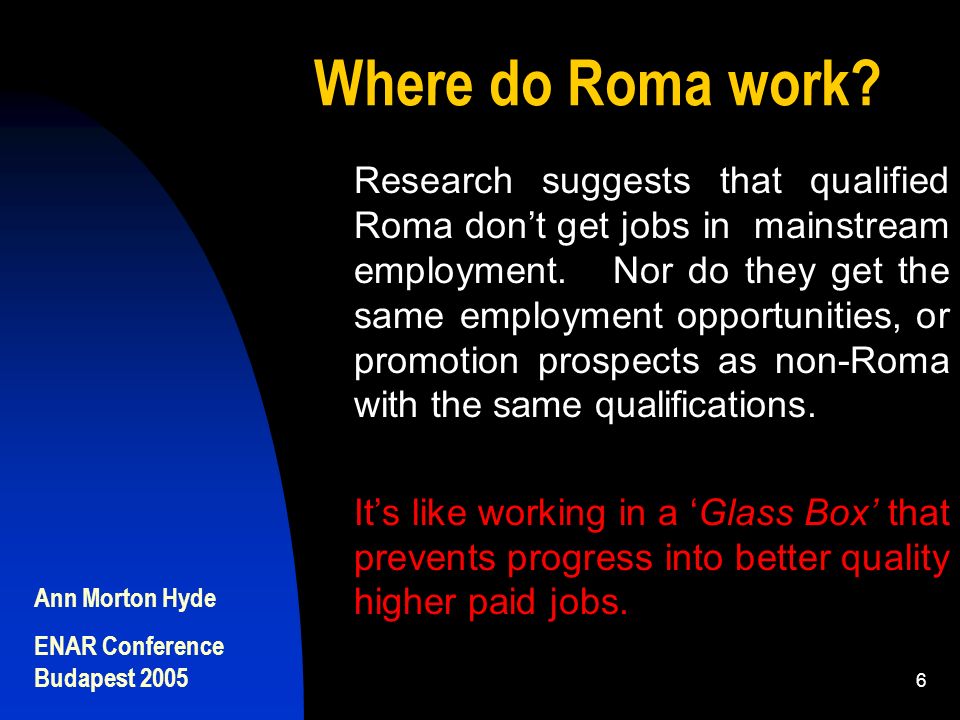 Ann Morton Hyde ENAR Conference Budapest Research suggests that qualified Roma don’t get jobs in mainstream employment.