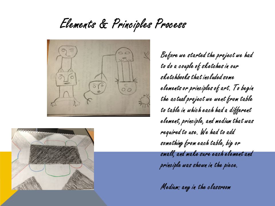 Elements & Principles Process Before we started the project we had to do a couple of sketches in our sketchbooks that included some elements or principles of art.