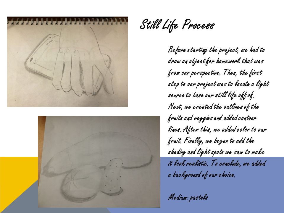 Still Life Process Before starting the project, we had to draw an object for homework that was from our perspective.