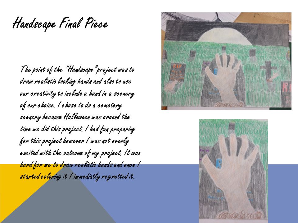 Handscape Final Piece The point of the Handscape project was to draw realistic looking hands and also to use our creativity to include a hand in a scenery of our choice.