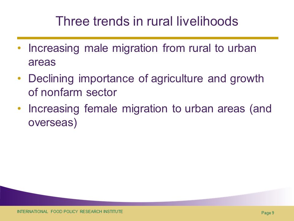 INTERNATIONAL FOOD POLICY RESEARCH INSTITUTE Page 9 Three trends in rural livelihoods Increasing male migration from rural to urban areas Declining importance of agriculture and growth of nonfarm sector Increasing female migration to urban areas (and overseas)