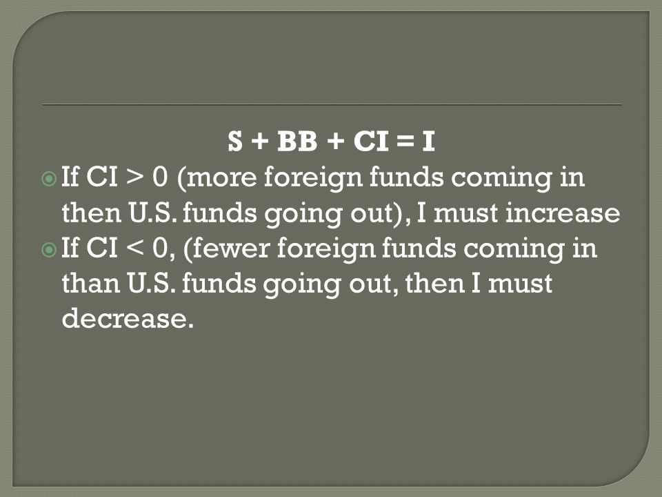 S + BB + CI = I  If CI > 0 (more foreign funds coming in then U.S.